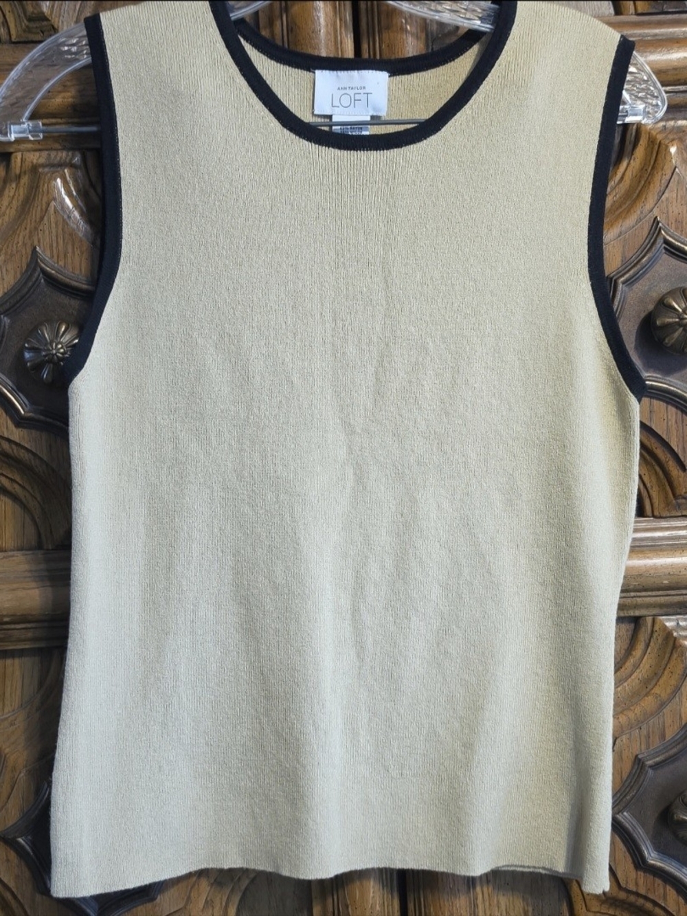Ann Taylor LOFT Cream Sleeveless Crewneck Sweater with Black Trim